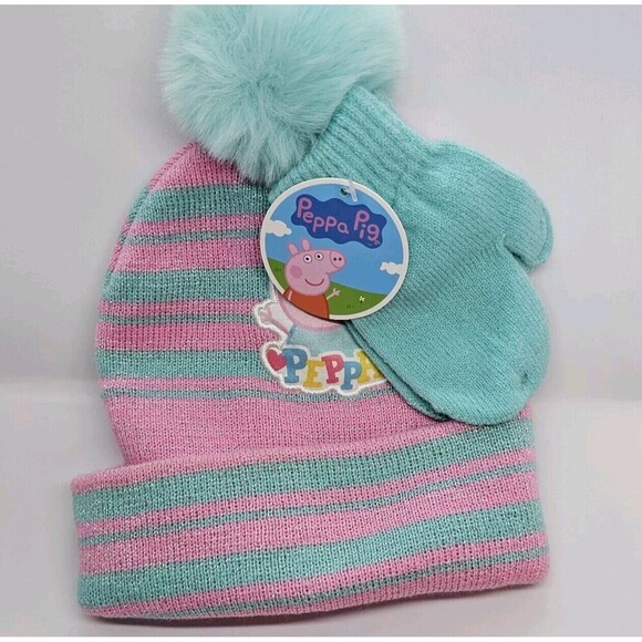 Peppa Pig Beanie Hat and Mittens Set - Pink & Teal Stripes with Pom Pom Toddler - Picture 1 of 10
